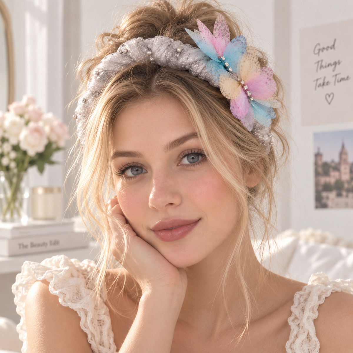 Woman wearing a silver butterfly headband with pastel blue and pink details.
