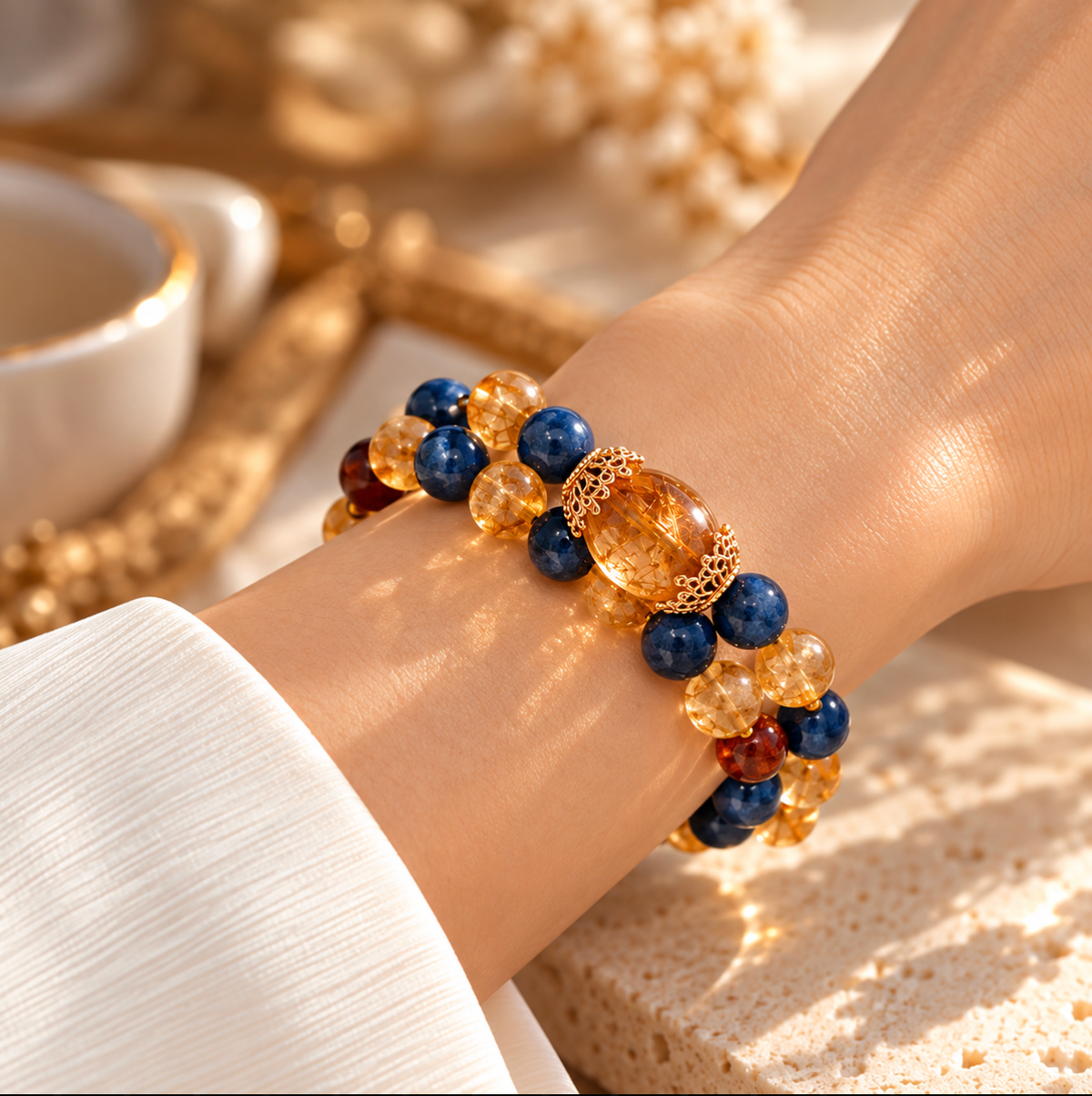 Double-layer blue and amber beaded bracelet with a gold-tone filigree centerpiece worn on a wrist.