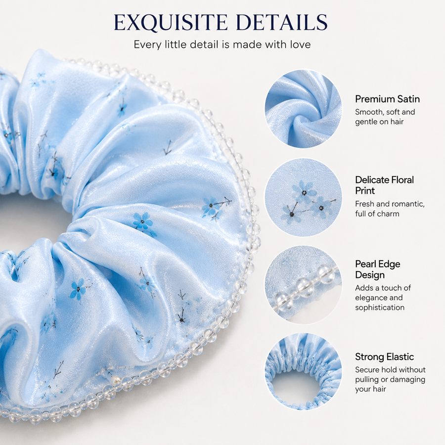 Ice Blue Floral Satin & Crystal Bead Oversized Scrunchie
