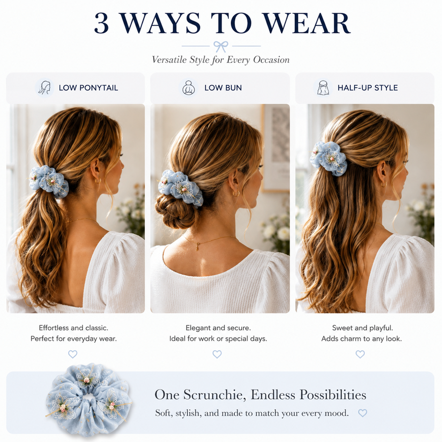 Blue organza butterfly pearl scrunchie styled in a low ponytail, low bun and half-up hairstyle