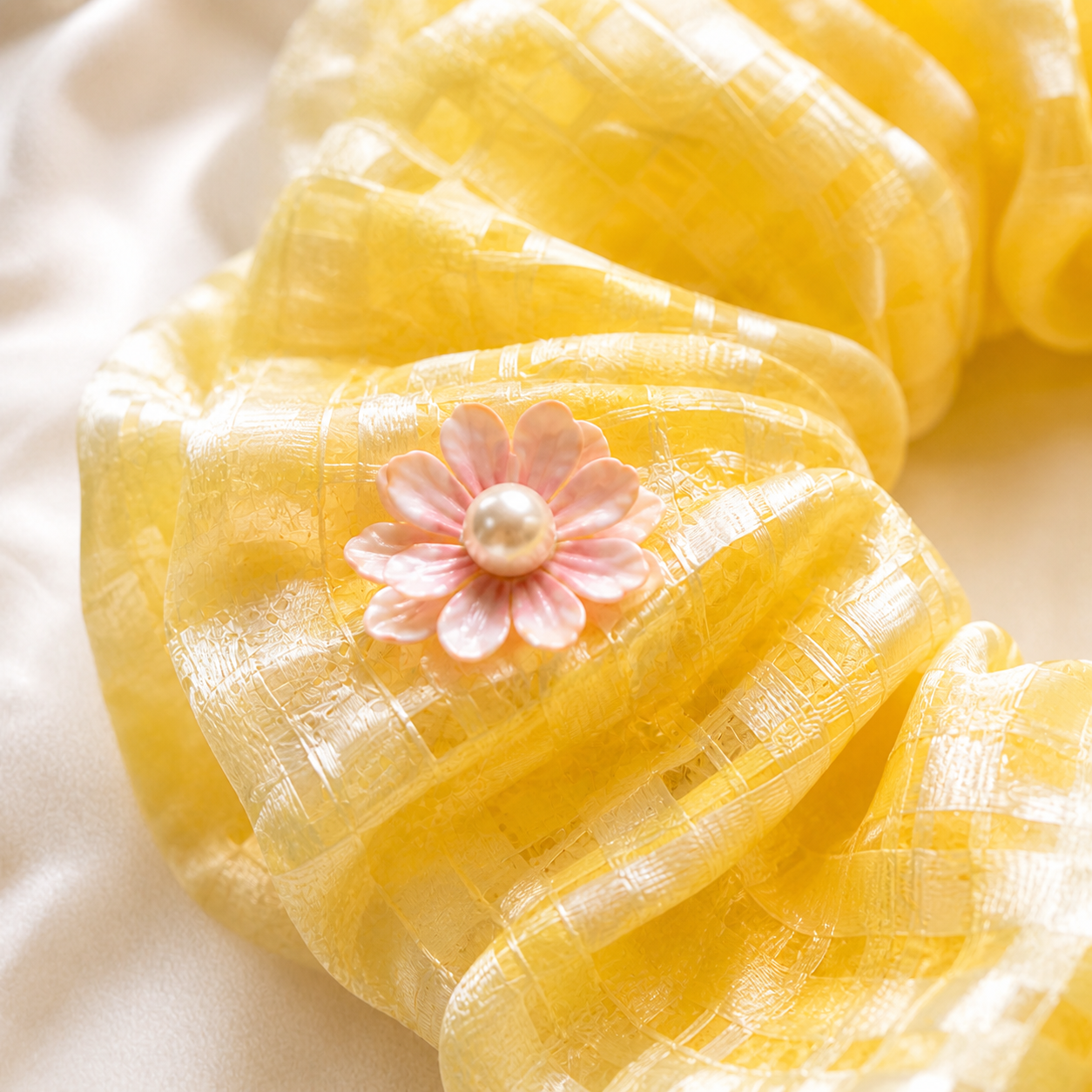 Butter yellow organza and pink pearl flower detail