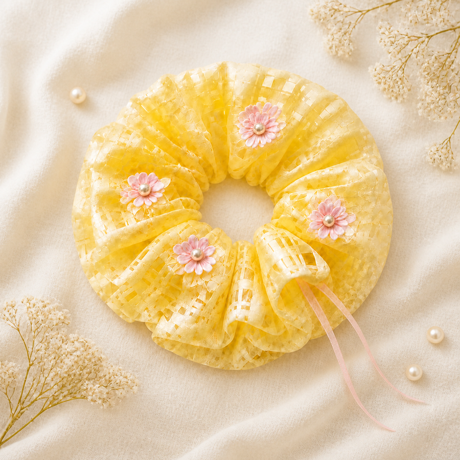 Butter yellow floral organza oversized scrunchie flat lay