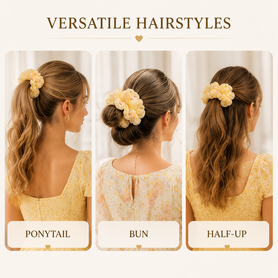 Butter yellow floral organza scrunchie styled in a ponytail, bun and half-up hairstyle