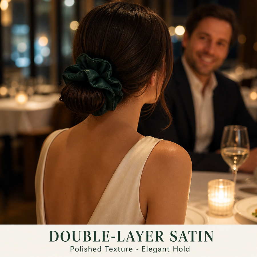 Emerald double-layer satin scrunchie from the convertible set styled around a low bun