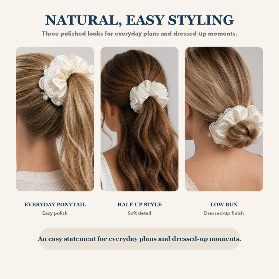 Ivory polka-dot satin and lace oversized scrunchie styled in a ponytail, half-up hairstyle and low bun