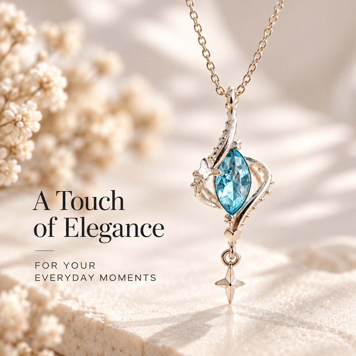 Celestial Aqua Blue Crystal Pendant Necklace in soft light