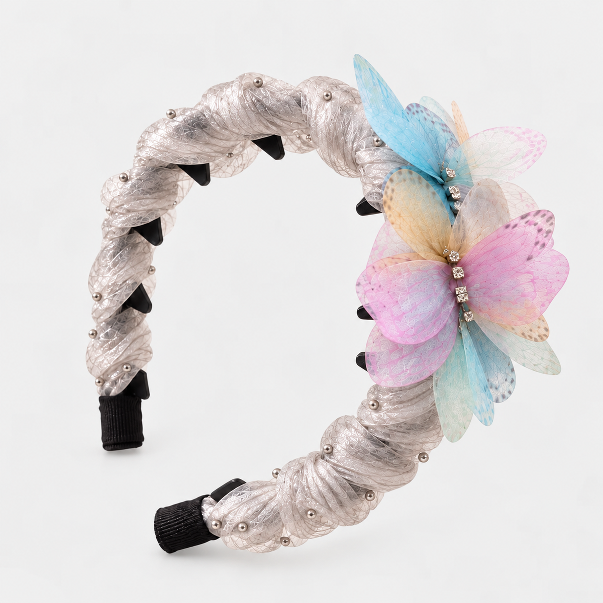 Silver butterfly pearl headband with pastel rhinestone details