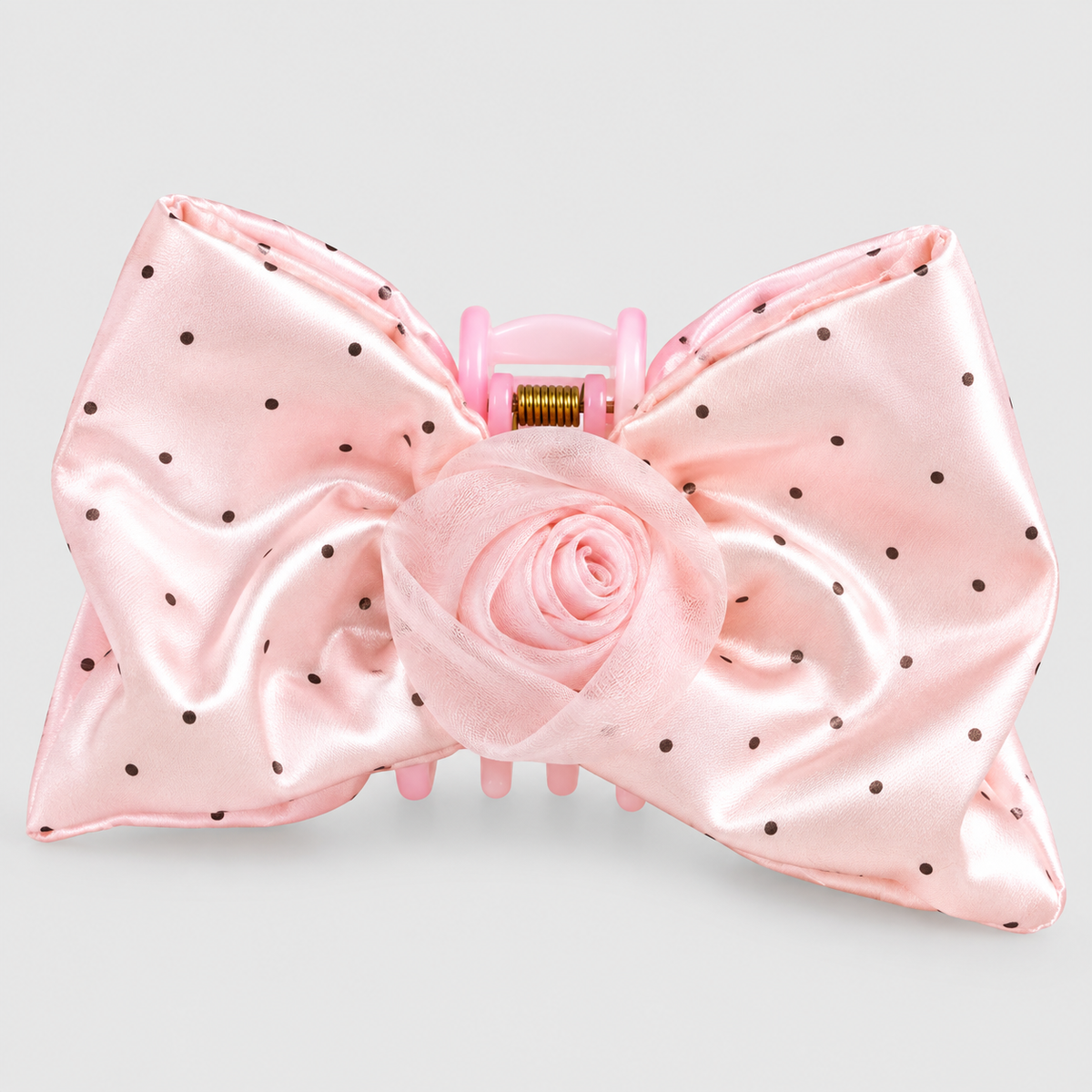 Pink polka dot bow hair claw clip with rose detail