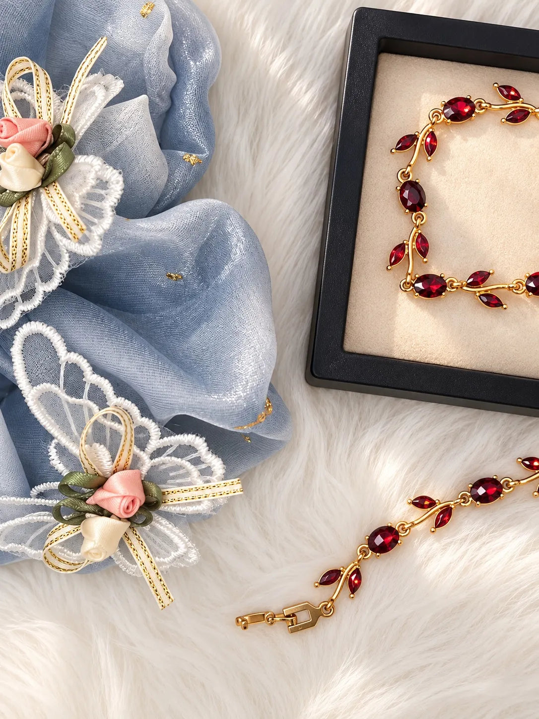 Blue organza butterfly scrunchie paired with the SHANZHUI red leaf bracelet