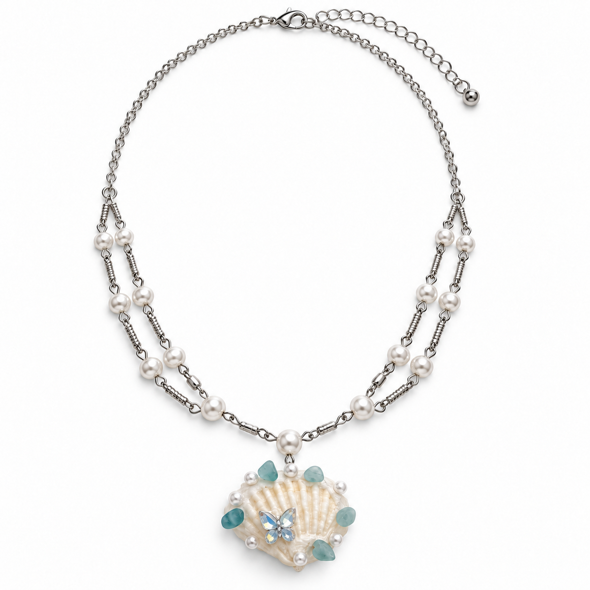 Coastal seashell pearl and aqua crystal-style necklace