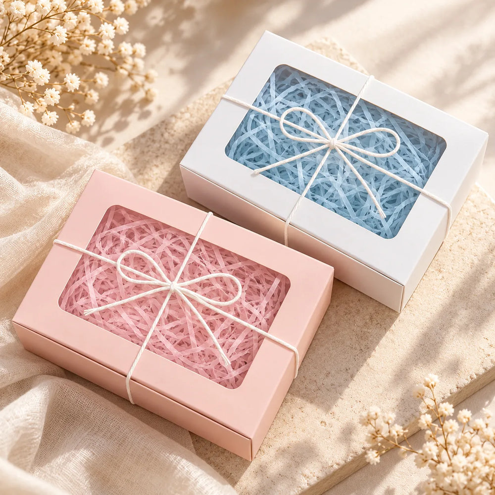 Pink and white SHANZHUI accessory gift boxes with paper fill and ribbon