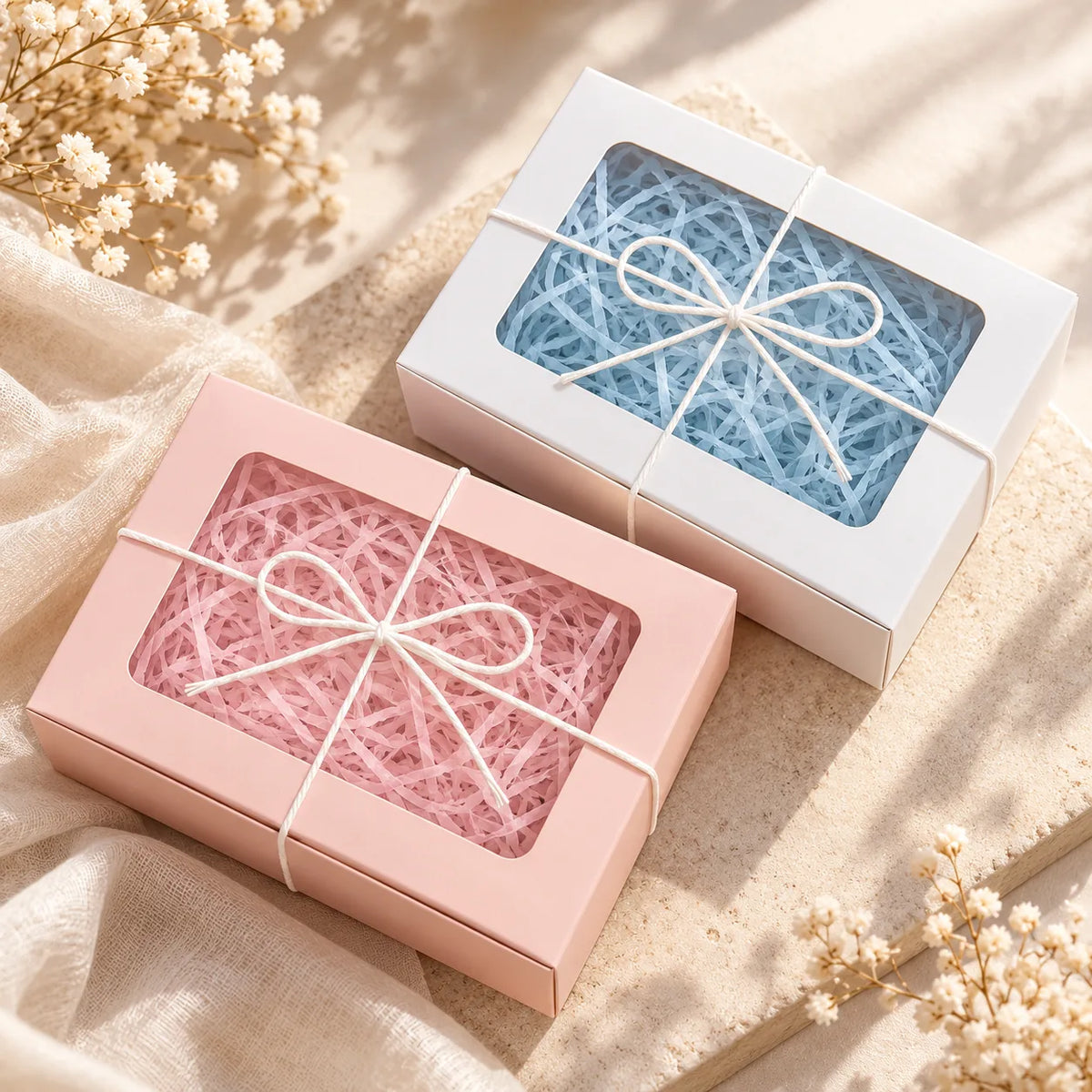 Pink and white SHANZHUI accessory gift boxes with paper fill and ribbon