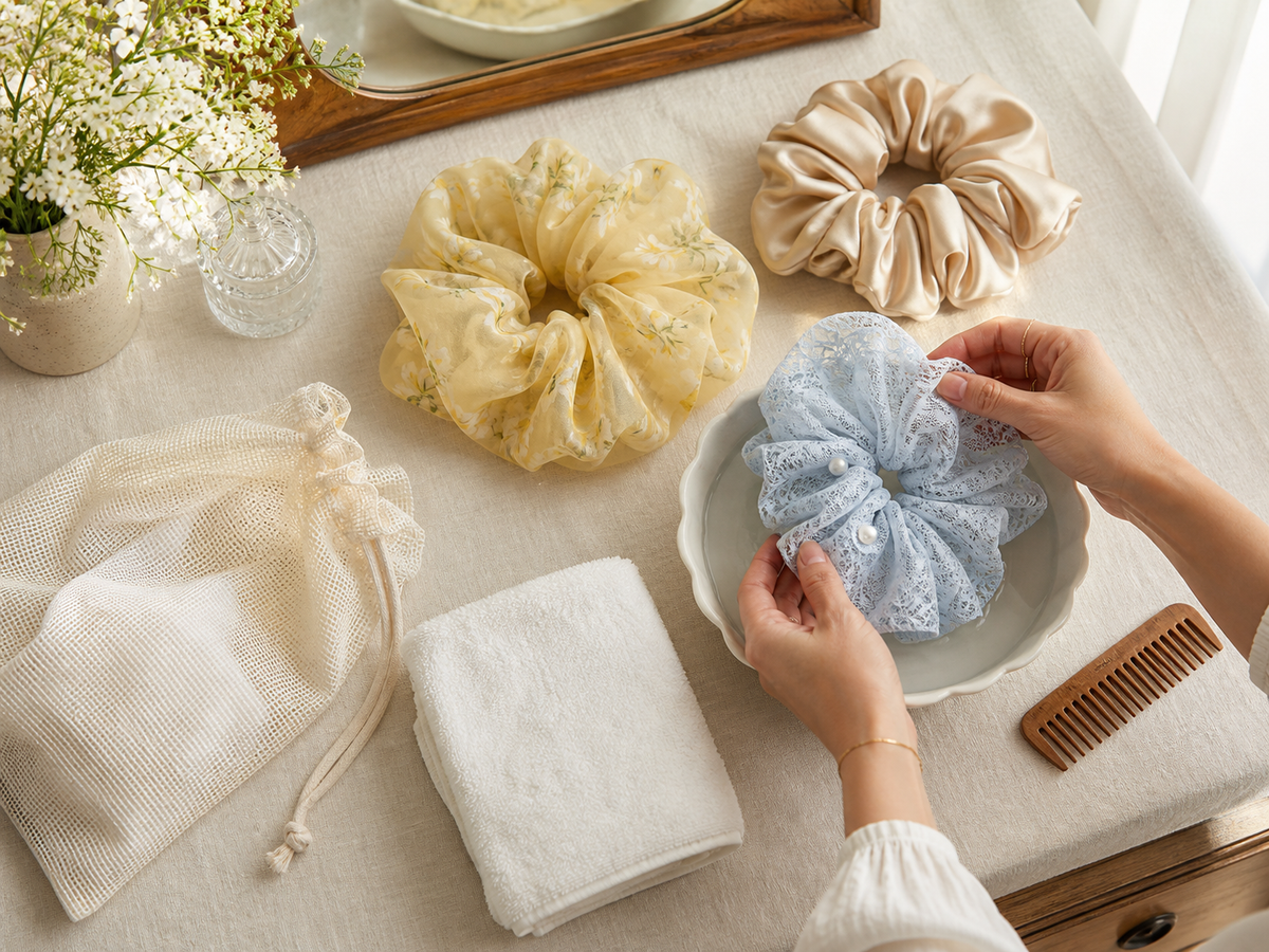 Gentle care setup for embellished lace, organza and satin scrunchies