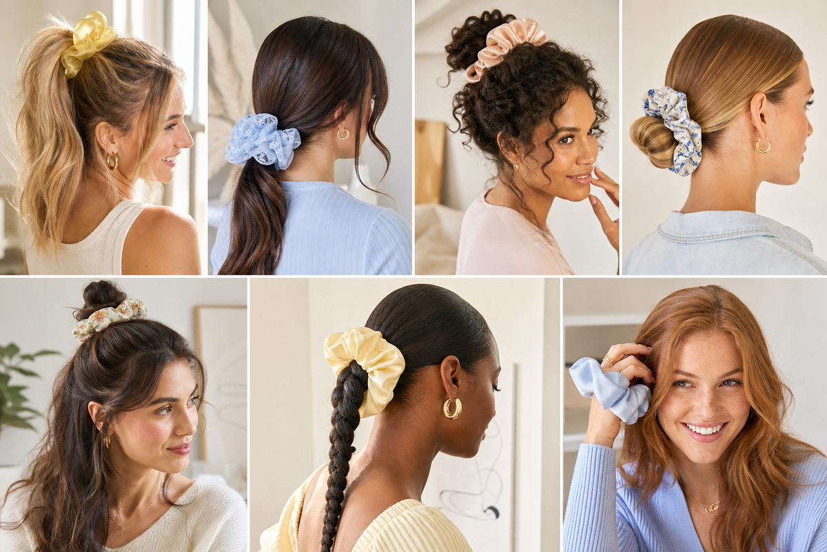 Seven easy oversized scrunchie hairstyles on diverse women