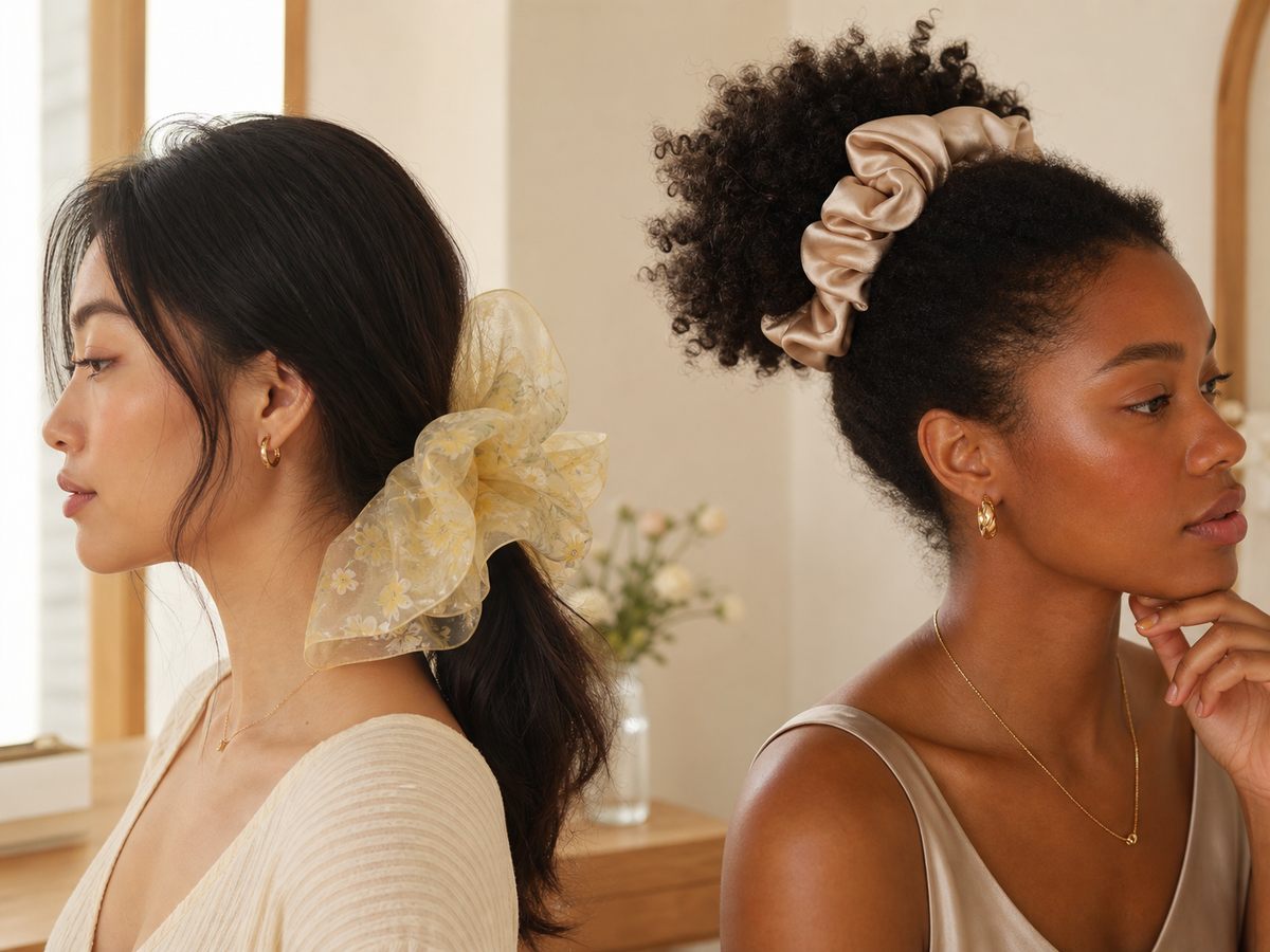 Organza and satin oversized scrunchies styled on two hair textures