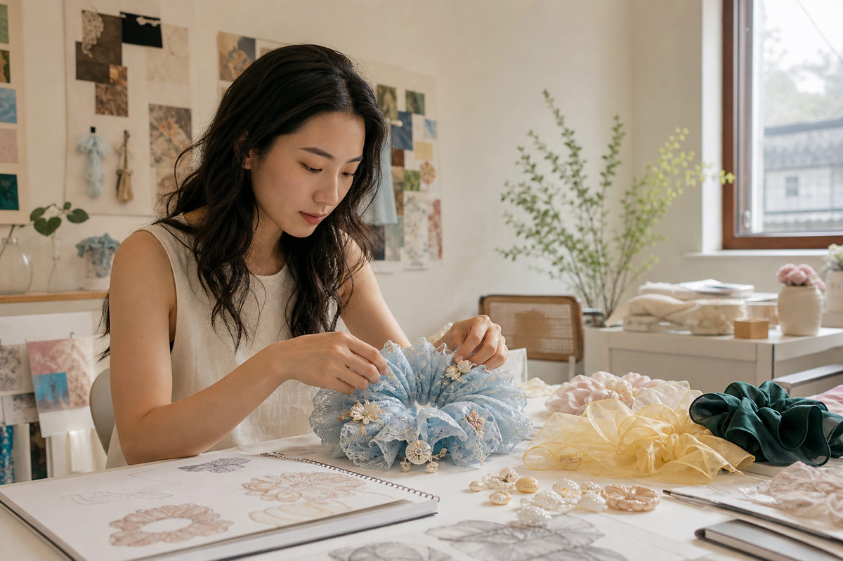 Chinese designer developing original SHANZHUI statement scrunchie concepts in a creative studio