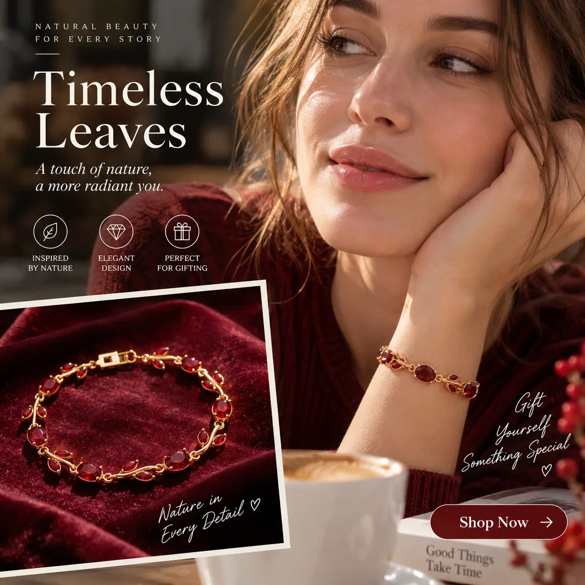 Timeless Leaves burgundy and gold leaf bracelet worn in warm autumn light