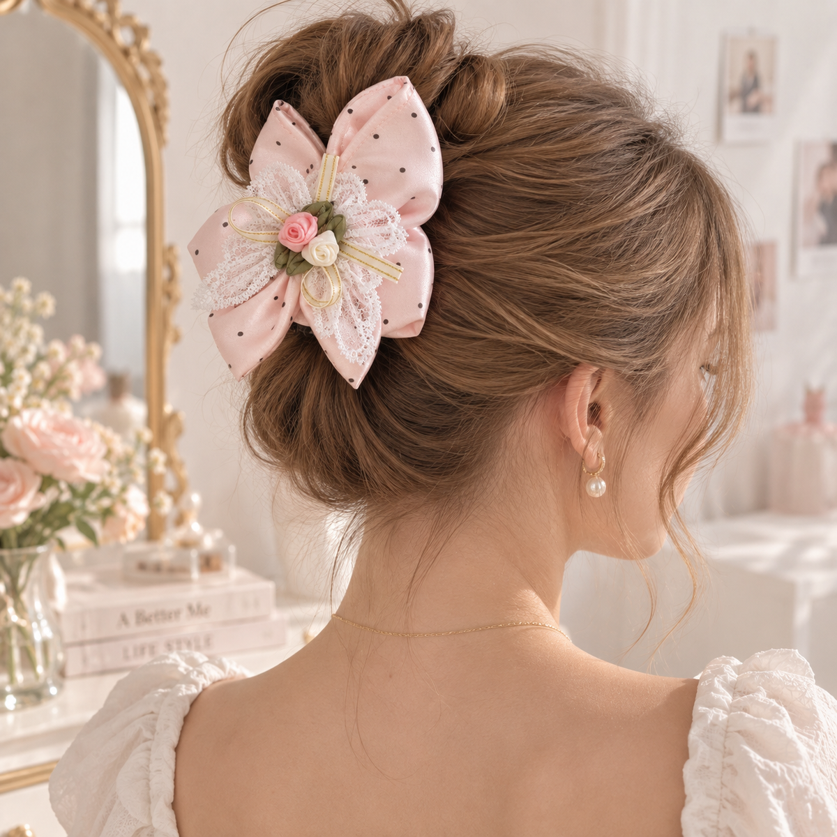 Woman wearing a pink polka-dot bow hair claw clip with lace and rose details.