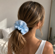 Ice Blue Floral Satin & Crystal Bead Oversized Scrunchie