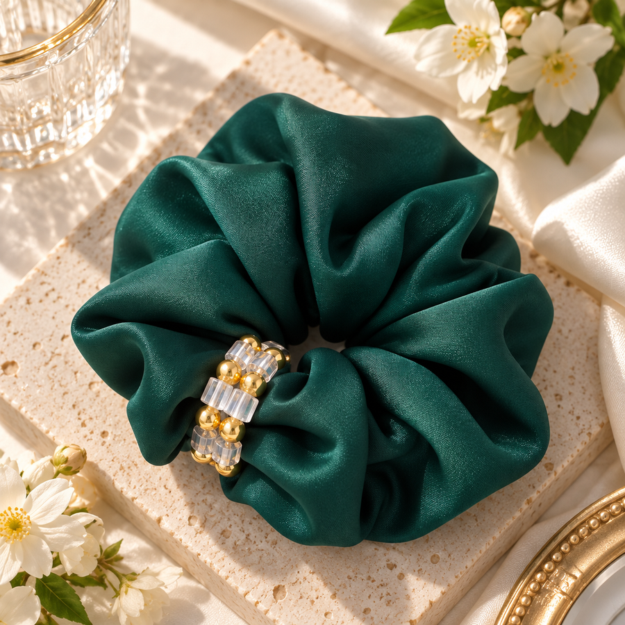 Emerald Green Beaded Satin Scrunchie – Elegant Oversized Hair Tie for Women – alternate view 12