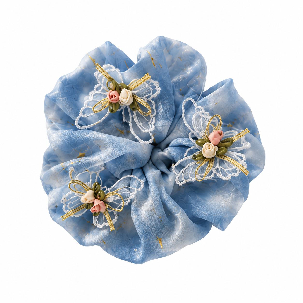 Light blue organza butterfly pearl scrunchie with floral and lace details