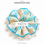 Pastel Plaid Pearl Lace Oversized Scrunchie with Blue Trim