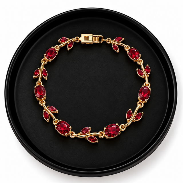 Red Gemstone Leaf Vine Gold Bracelet – Elegant Vintage-Inspired Women's Jewelry