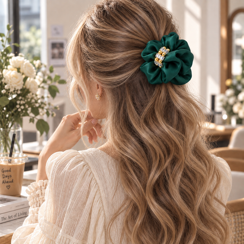 Emerald Green Beaded Satin Scrunchie – Elegant Oversized Hair Tie for Women – alternate view 2