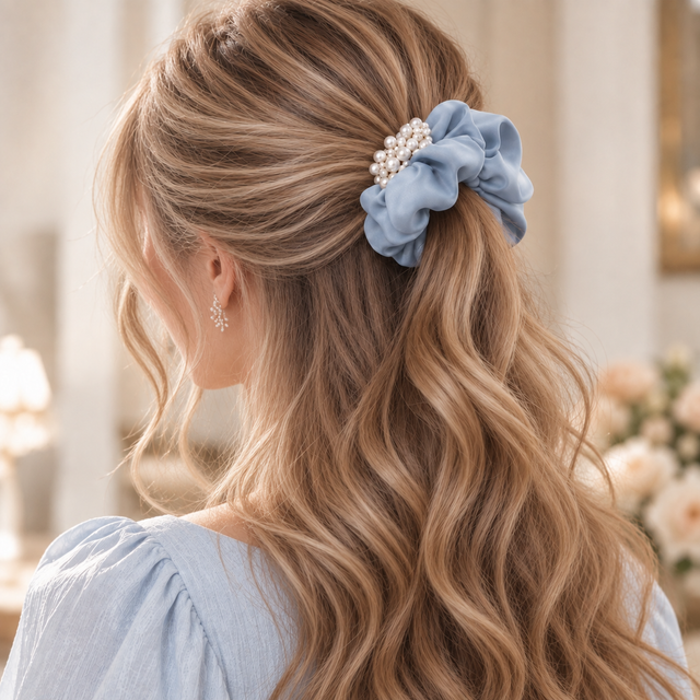 Ice Blue Pearl Satin Scrunchie – Elegant Oversized Hair Tie for Women – alternate view 2