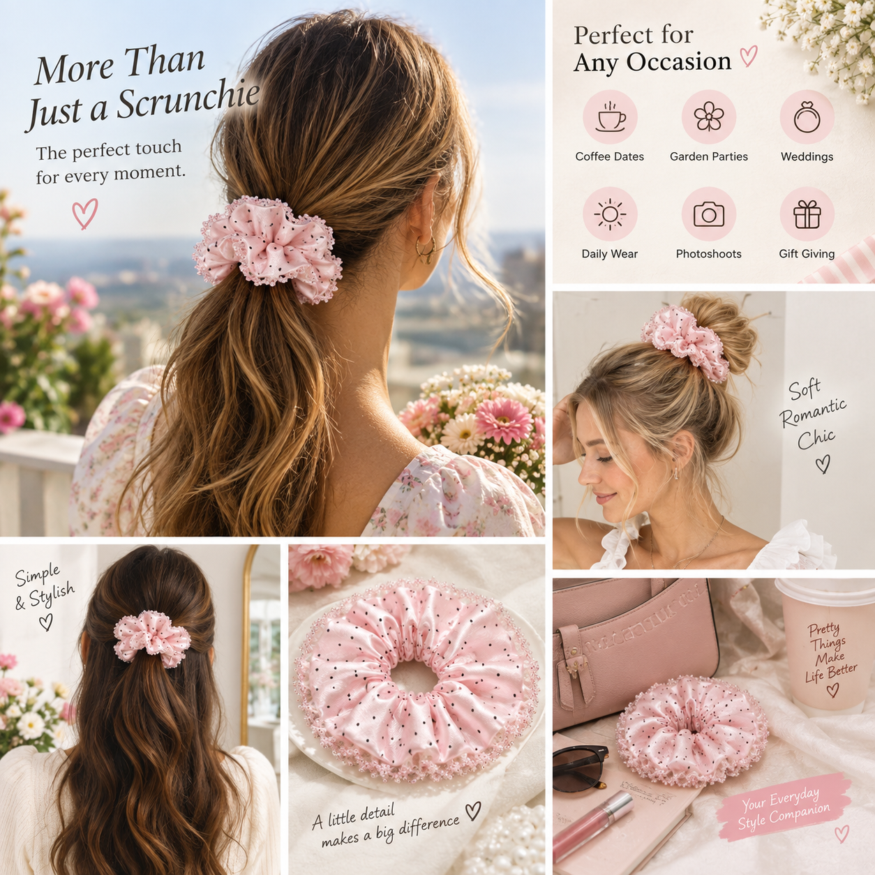 Blush Polka-Dot Satin & Sequin Ruffle Oversized Scrunchie