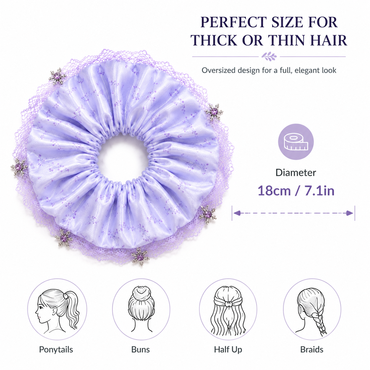 Lavender Snowflake Charm Floral Satin Oversized Scrunchie