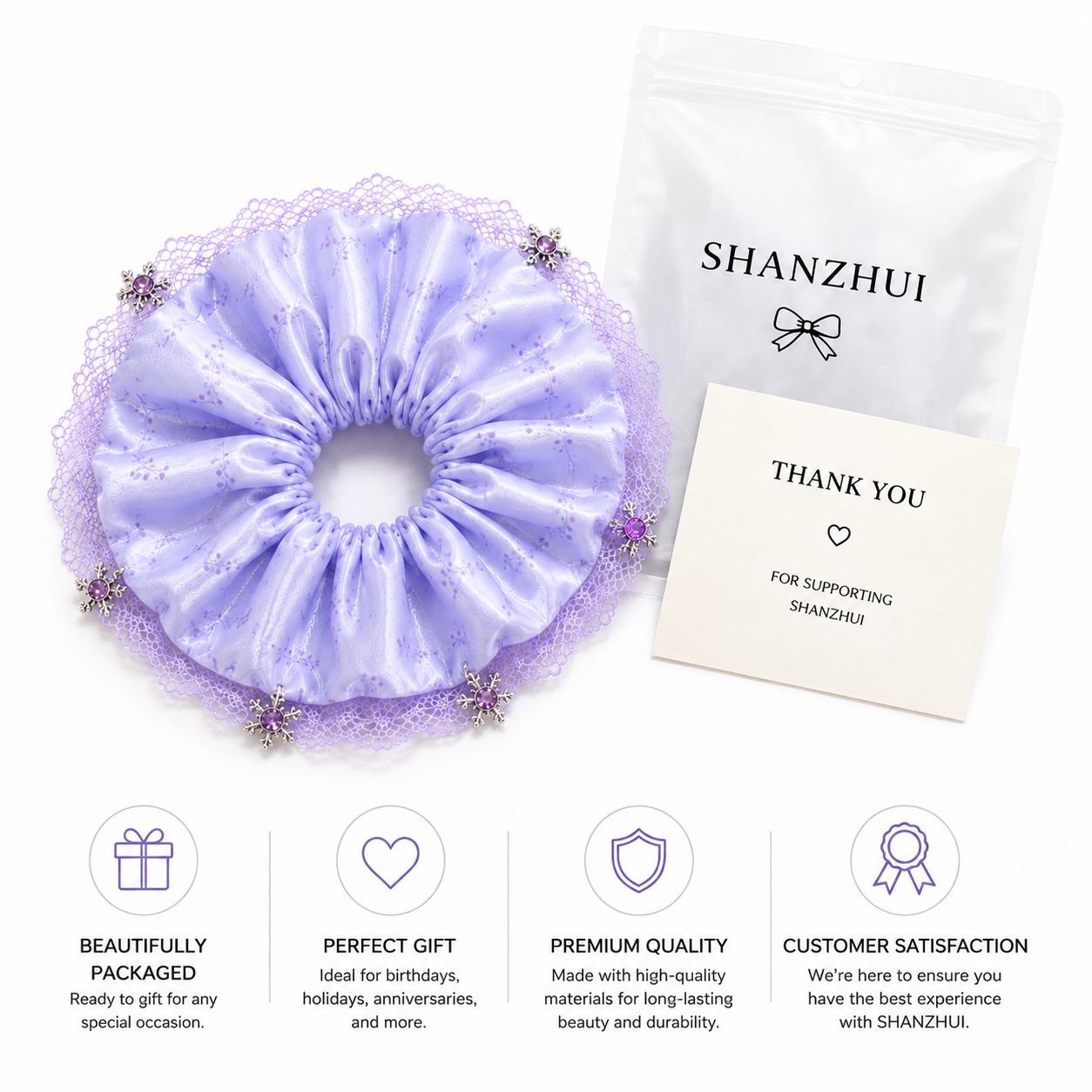 Lavender Snowflake Charm Floral Satin Oversized Scrunchie