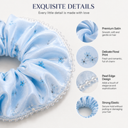 Ice Blue Floral Satin & Crystal Bead Oversized Scrunchie