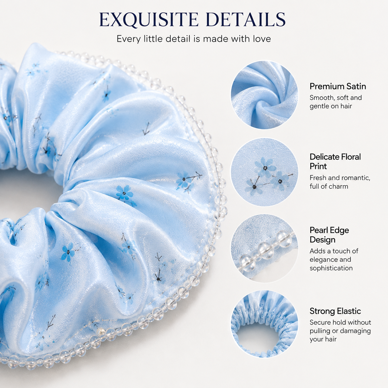 Ice Blue Floral Satin & Crystal Bead Oversized Scrunchie