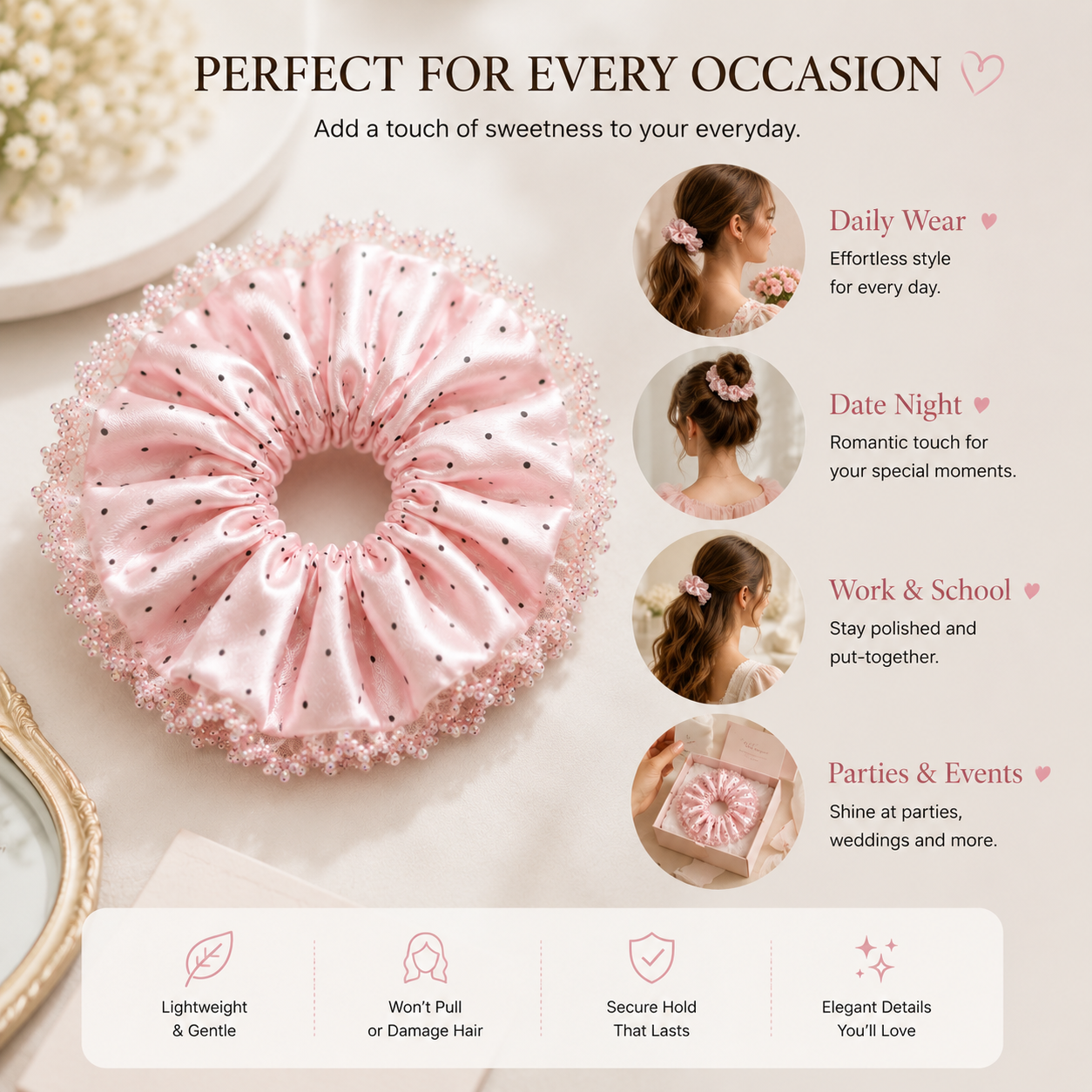 Blush Polka-Dot Satin & Sequin Ruffle Oversized Scrunchie