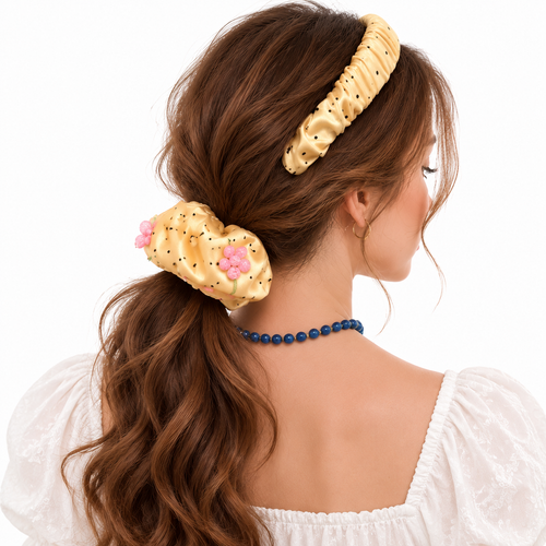 Golden Floral Satin Oversized Scrunchie with Black Polka Dots