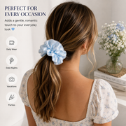 Ice Blue Floral Satin & Crystal Bead Oversized Scrunchie