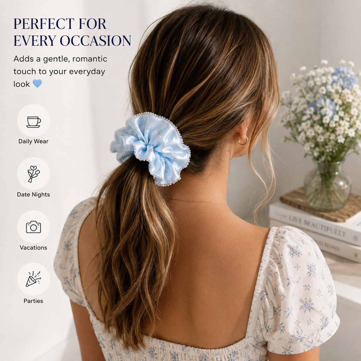 Ice Blue Floral Satin & Crystal Bead Oversized Scrunchie