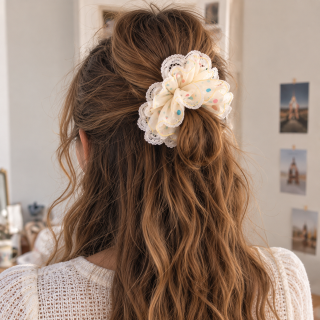 Colorful Raindrop Lace Scrunchie | Oversized Ruffled Hair Accessory – alternate view 2