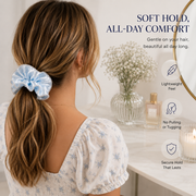 Ice Blue Floral Satin & Crystal Bead Oversized Scrunchie