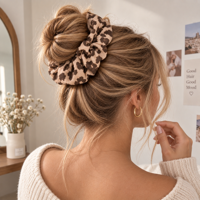 Mocha Bloom Oversized Scrunchie – Beige & Brown Printed Hair Tie for Women – alternate view 3