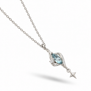 Opposite angled view of the silver-tone aqua pendant necklace.