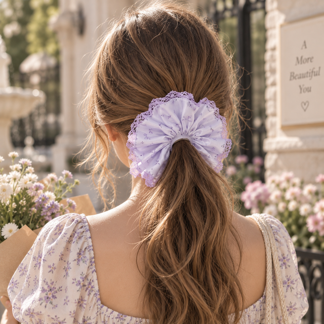 Lavender Snowflake Charm Floral Satin Oversized Scrunchie – alternate view 4