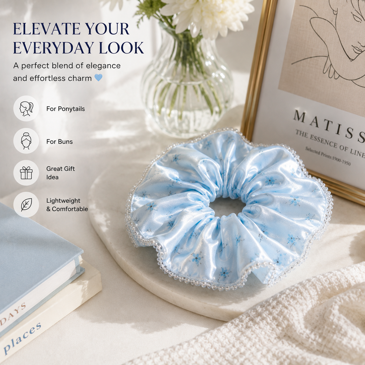 Ice Blue Floral Satin & Crystal Bead Oversized Scrunchie