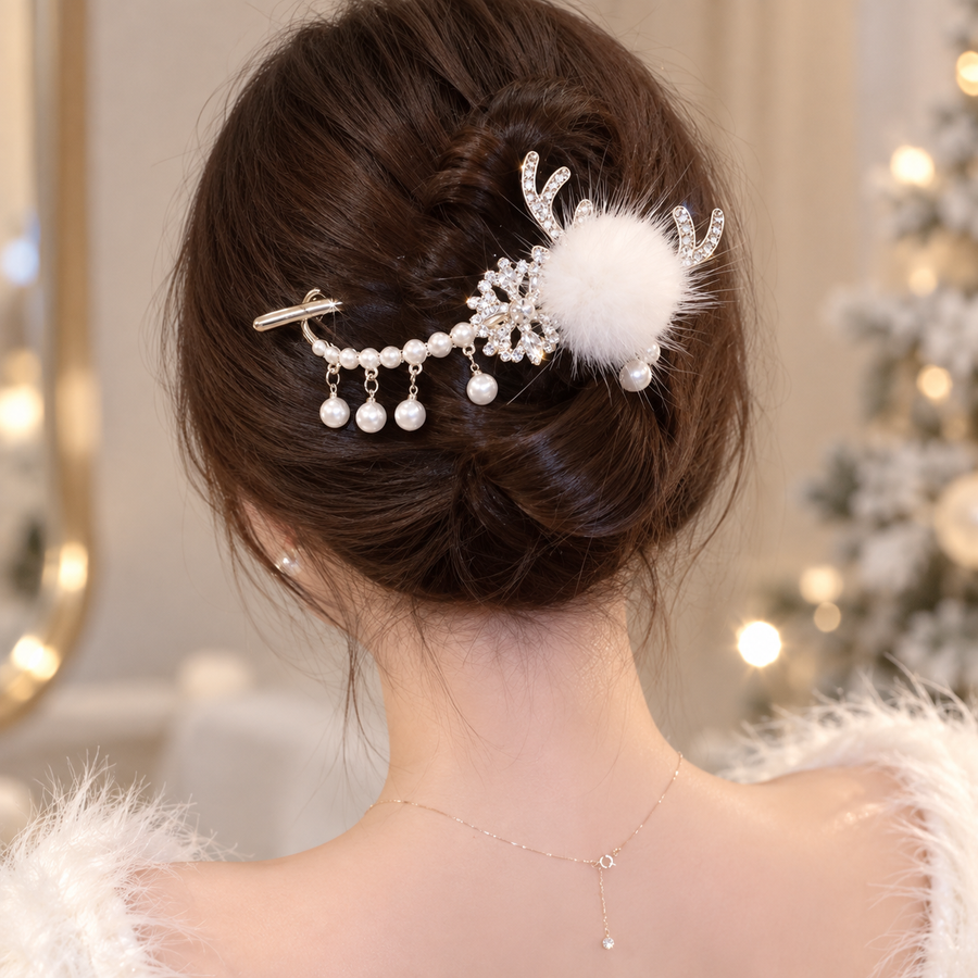 Christmas Reindeer Hair Pin – Pearl Tassel, Rhinestone Snowflake & Fluffy Pom Hair Accessory – alternate view 4