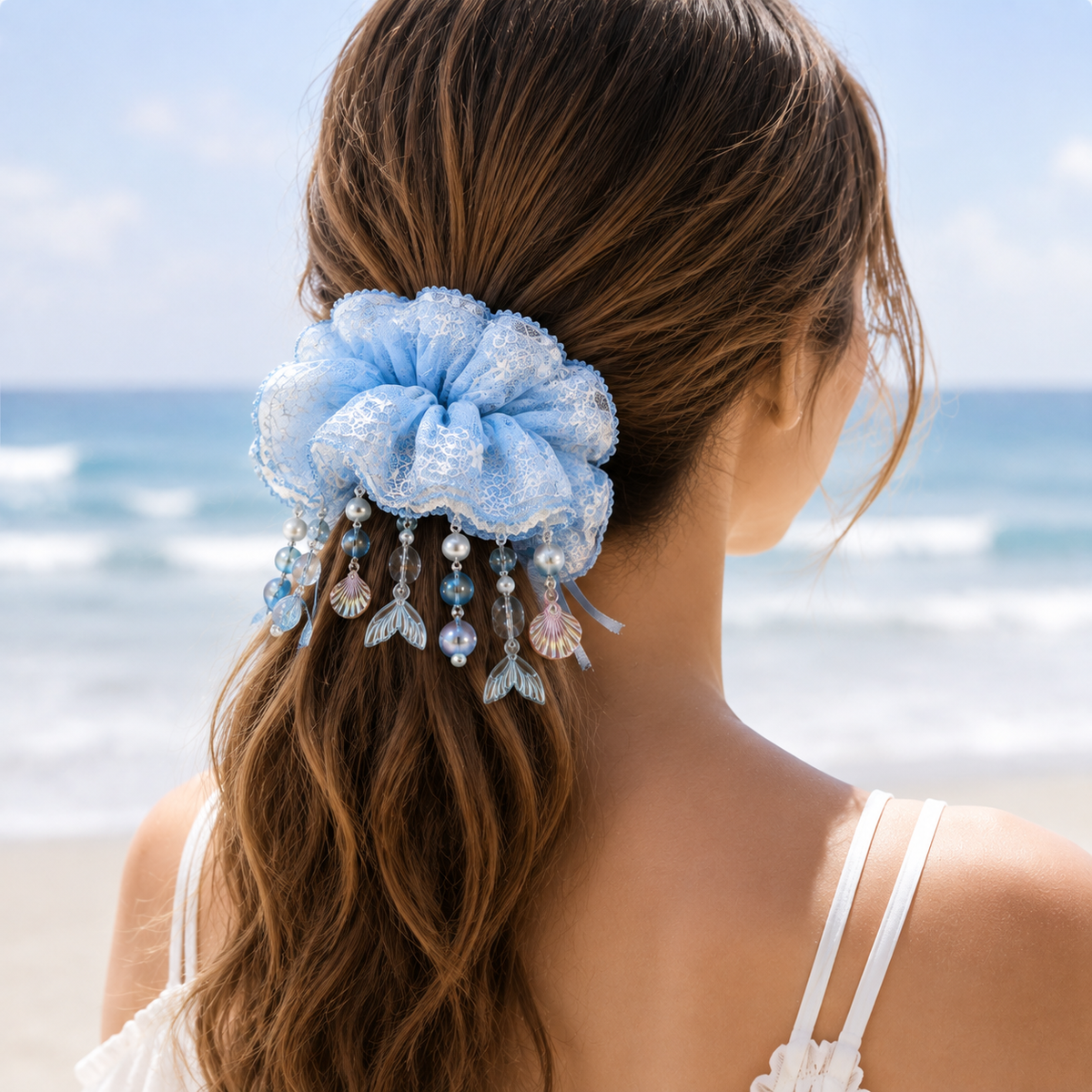 woman wearing ice blue mermaid lace scrunchie hairstyle