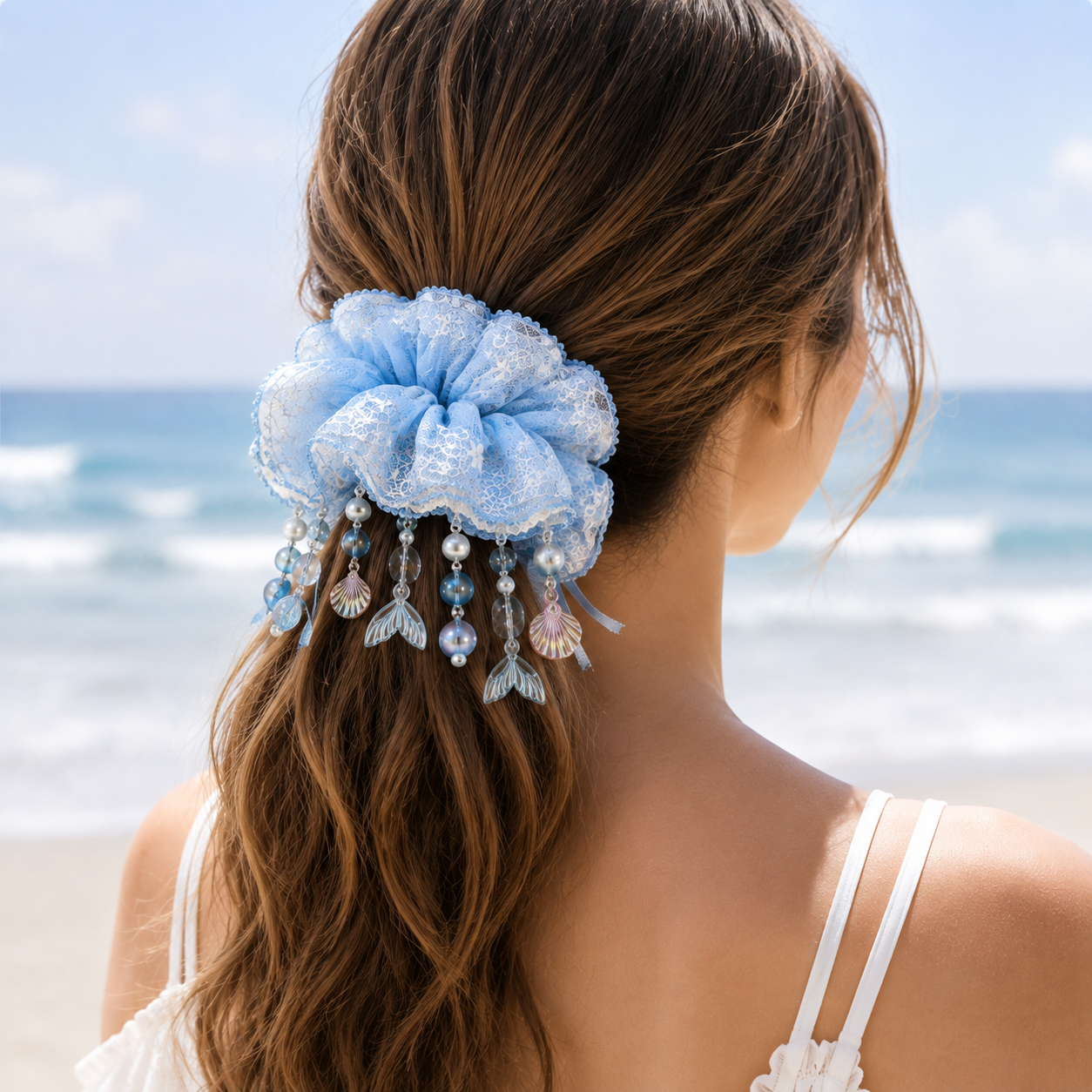 woman wearing ice blue mermaid lace scrunchie hairstyle