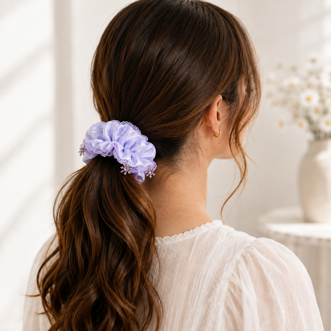 Lavender Snowflake Charm Floral Satin Oversized Scrunchie