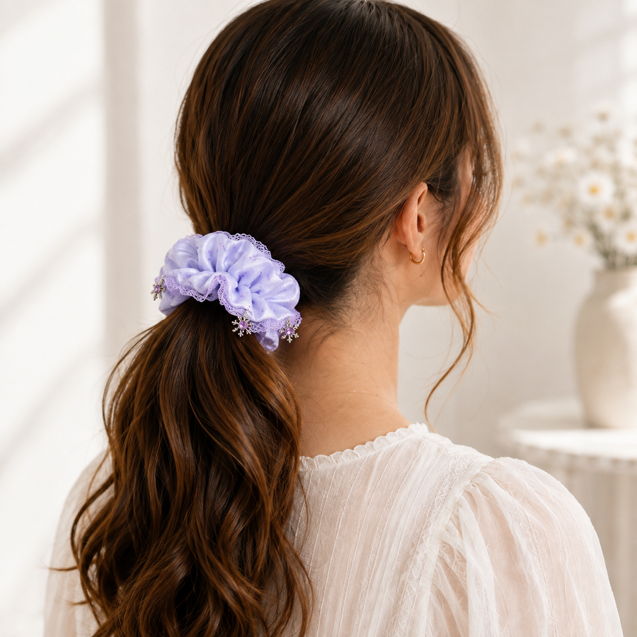 Lavender Snowflake Charm Floral Satin Oversized Scrunchie