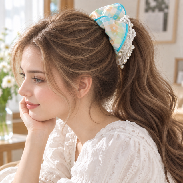 Pastel Plaid Pearl Lace Scrunchie | Oversized Blue Trim Hair Accessory – alternate view 2